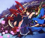  ahoge asymmetrical_wings black_hair bow dress highres houjuu_nue masshigura open_mouth polearm red_eyes short_hair solo thighhighs touhou trident weapon wings 