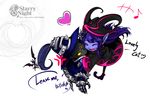  1girl alternate_costume animal_ears blue_hat blue_skin closed_eyes dress fairy gauntlets hat heart hoshinokaoru hug league_of_legends long_hair lulu_(league_of_legends) musical_note open_mouth pix purple_hair purple_skin staff veigar wicked_lulu yellow_eyes 