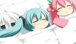  :3 aqua_hair bed blanket blue_eyes blush cherry chibi closed_eyes drooling fake_facial_hair fake_mustache food fruit hair_ornament hatsune_miku jitome long_hair multiple_girls n39 on_bed parted_lips pillow pink_hair sakura_miku sleeping twintails vocaloid white_hair yuki_miku 