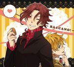  1girl baccano! blonde_hair blue_eyes christopher_shouldered eating food formal grin heart one_eye_closed red_eyes red_hair red_sclera reverse_trap ricard_russo smile spoken_heart suit tsu 