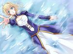  ahoge artoria_pendragon_(all) bad_id bad_pixiv_id blonde_hair blood blood_on_face dress fate/stay_night fate_(series) hair_down kotori124589 long_hair lying on_back outstretched_hand partially_submerged saber solo water 