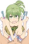  bad_feet barefoot breasts character_request famiki foreskin from_above green_eyes green_hair highres looking_at_viewer looking_up nipples open_mouth penis pointing ponytail pov saga saga_frontier_2 shorts tattoo testicles topless translation_request 