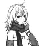  ahoge androgynous anonymous_drawfag bare_shoulders blush_stickers elbow_gloves emil_castagnier fingerless_gloves gloves greyscale highres long_hair male_focus monochrome non-web_source scarf smile solo tales_of_(series) tales_of_symphonia tales_of_symphonia_knight_of_ratatosk white_background 