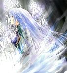  blue_hair earrings highres jewelry kos-mos long_hair looking_up oota_takeshi red_eyes solo window xenosaga 