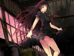  bare_legs black_hair black_serafuku black_skirt djyui ghost indoors kanoe_yuuko long_hair looking_back no_legwear open_mouth red_eyes school_uniform serafuku short_sleeves skirt skirt_lift solo tasogare_otome_x_amnesia upskirt window 