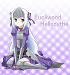  armor armored_dress blue_eyes breastplate character_name dress eucliwood_hellscythe gauntlets greaves highres hinahina_ichigo juliet_sleeves kore_wa_zombie_desu_ka? long_hair long_sleeves puffy_sleeves purple purple_background ribbon sitting solo visor_(armor) wariza white_hair 