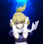  arm_warmers blonde_hair blue_background dark dress green_eyes hands_on_own_head isaki_(gomi) mizuhashi_parsee ponytail sad scarf shaded_face short_sleeves solo touhou underwater white_scarf 