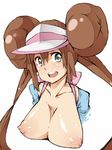  aqua_eyes breasts breasts_outside brown_hair erect_nipples female_protagonist_(pokemon_bw2) large_breasts mei_(pokemon) mochi_hanpen open_mouth pokemon pokemon_(game) pokemon_bw2 smile solo visor 