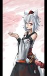  animal_ears arceonn bad_anatomy bare_shoulders blown_kiss detached_sleeves hat inubashiri_momiji pillarboxed red_eyes sheath sheathed solo sword tail tokin_hat touhou weapon white_hair wolf_ears wolf_tail 
