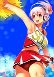 arm_up armpits blush breasts buruma cheerleader clothes_writing headphones highres jewelry large_breasts navel necklace nitroplus open_mouth pink_hair pom_poms ponytail red_eyes skirt solo super_sonico twinpoo 
