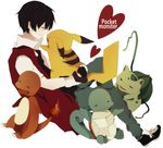  black_hair bulbasaur charmander gen_1_pokemon holding pikachu pixiv_red pokemon pokemon_(creature) pokemon_(game) pokemon_rgby red_(pokemon) red_(pokemon_rgby) smile squirtle yukimori_nene 