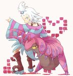  bare_shoulders blue_eyes boots gym_leader homika_(pokemon) insect pokemon scolipede topknot white_hair 