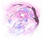 arm_ribbon blue_dress bug butterfly cherry_blossoms dress ghost hands_on_own_chest hat insect kz_nagomiya md5_mismatch pink_eyes pink_hair ribbon saigyouji_yuyuko short_hair solo touhou tree wide_sleeves 