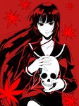  black_hair copyright_name ghost highres hime_cut kanoe_yuuko kazuki_seihou leaf long_hair monochrome red red_eyes school_uniform skull smile solo tasogare_otome_x_amnesia 