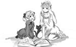  alice_(odin_sphere) anonymous_drawfag book cat child dress greyscale gwendolyn hair_ornament highres kneeling long_hair monochrome multiple_girls odin_sphere socrates_(odin_sphere) twintails 