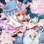  back bug butterfly cherry_blossoms ghost hitodama insect japanese_clothes lips looking_back petals pink_eyes pink_hair saigyouji_yuyuko sawori_(katherine9) short_hair smile solo touhou tree triangular_headpiece 