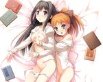  2girls ayase_sayuki bed book breasts cube kantoku minagawa_yuuhi nipples no_bra open_shirt panties panty_pull underwear your_diary 