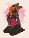  anthro bix707 black black_body braid breasts cleavage clothed clothing eyes_closed female grey hair hindpaw kneeling lagomorph long_hair mammal orange_hair paws pose rabbit simple_background skimpy solo tattoo thighs 