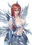  armor armored_dress bad_id bad_pixiv_id breasts cleavage dual_wielding erza_scarlet fairy_tail feathers gauntlets head_wings holding large_breasts lips long_hair looking_at_viewer metal_wings red_hair simple_background solo sword vasily_(run211) weapon 