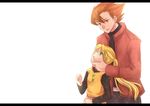  1girl bad_id bad_pixiv_id blonde_hair green_eyes hands_on_another's_face height_difference jacket letterboxed long_hair orange_eyes orange_hair pokemon pokemon_special ponytail simple_background waremoko44 wataru_(pokemon) white_background yellow_(pokemon) 