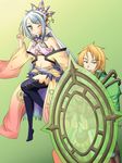  bare_shoulders breasts detached_sleeves green_eyes haine_(luminous_arc) inaruna jewelry luminous_arc midriff navel orange_hair shield silver_hair thighhighs 