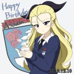  1girl assam black_neckwear black_ribbon blonde_hair blue_eyes blue_sweater character_name closed_mouth cup dated dress_shirt emblem english_text girls_und_panzer hair_pulled_back hair_ribbon happy_birthday head_tilt holding holding_cup ichinose_jun light_blush long_hair long_sleeves looking_at_viewer necktie ribbon saucer school_uniform shirt simple_background smile solo st._gloriana&#039;s_(emblem) st._gloriana&#039;s_school_uniform steam sweater teacup upper_body v-neck white_background white_shirt wing_collar 