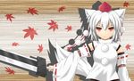  animal_ears baia colorized detached_sleeves grey_hair hat inubashiri_momiji leaf looking_at_viewer red_eyes solo sword tail tokin_hat touhou weapon wolf_ears wolf_tail 