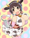  :d animal_ears animal_print azumakuro bell bell_collar bottle breasts brown_eyes brown_hair cleavage collar cow_bell cow_ears cow_horns cow_print cow_tail elbow_gloves frilled_skirt frills gloves headset horns idolmaster idolmaster_cinderella_girls large_breasts milk milk_bottle oikawa_shizuku open_mouth pink_gloves pink_legwear polka_dot polka_dot_background short_hair skirt smile solo tail thighhighs 