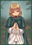  blonde_hair cape face flower green_eyes highres light_smile original pointy_ears red_flower red_rose rose smile solo yukihiro 