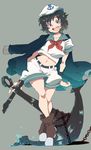  anchor belt black_hair blue_eyes boots chain crossed_legs eyebrows hat iroyopon jacket midriff murasa_minamitsu navel open_mouth sailor sailor_hat short_hair shorts solo standing thick_eyebrows touhou watson_cross 