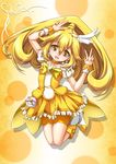  bike_shorts blonde_hair bow choker cure_peace double_v hair_flaps highres kise_yayoi long_hair magical_girl ponytail precure roura shorts shorts_under_skirt skirt smile_precure! solo v yellow yellow_background yellow_bow yellow_choker yellow_eyes yellow_shorts yellow_skirt 