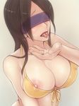  bikini_top blindfold blush breast_out breasts brown_hair cleavage cum cum_on_body cum_on_breasts cum_on_upper_body erect_nipples facial front-tie_top highres large_breasts lips long_hair mugen_kousatsu nipple_slip nipples swimsuit tongue 