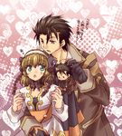  1girl :o alvin_(tales) bad_id bad_pixiv_id black_gloves brown_eyes brown_hair character_name coat cravat detached_collar gloves green_eyes hairband heart heart_background itsuki_(platinum1228) leia_rolando pink_background short_hair tales_of_(series) tales_of_xillia translation_request 