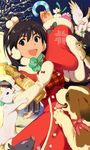  alcohol animal annindoufu_(oicon) bird black_hair candy candy_cane cat christmas christmas_stocking cockatoo dog duplicate earmuffs food ganaha_hibiki gift gloves green_eyes hamster hamuzou idolmaster idolmaster_(classic) inumi jpeg_artifacts official_art parrot pig ponytail sake santa_costume snow squirrel st_bernard white_gloves yellowtip_cockatoo 