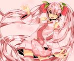  absurdres cherry detached_sleeves food fruit hatsune_miku headphones highres long_hair naruto_maki necktie one_eye_closed open_mouth petals pink_eyes pink_hair sakura_miku skirt solo thighhighs twintails very_long_hair vocaloid 