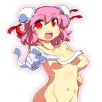  bandages breasts bun_cover censored collarbone convenient_censoring double_bun gomi_ichigo highres ibaraki_kasen navel nude open_mouth pink_hair pointing red_eyes short_hair small_breasts solo touhou 
