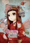  bakushunka brown_eyes brown_hair fish flower hair_ornament japanese_clothes kimono original red_eyes solo 