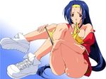  asahina_natsuki blue_hair blush long_hair red_eyes sakura_na_omiki shoes sneakers super_real_mahjong sweat undressing 