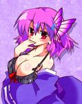  bare_shoulders bra breasts butterfly_hair_ornament cleavage earrings finger_to_mouth gin_(shioyude) hair_ornament jewelry large_breasts lingerie pink_hair red_eyes saigyouji_yuyuko smile solo touhou underwear 
