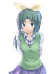  arms_behind_back blush green_eyes green_hair hair_ribbon highres long_hair looking_at_viewer midorikawa_nao nanairogaoka_middle_school_uniform necktie nishina precure ribbon school_uniform simple_background skirt sleeves_rolled_up smile smile_precure! solo white_background 