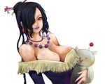  black_hair breasts cleavage dress final_fantasy final_fantasy_x hair_over_one_eye jewelry kazaana large_breasts light_smile lips lipstick long_hair lulu_(ff10) makeup mole mole_under_mouth moogle necklace pink_eyes simple_background solo strapless strapless_dress 