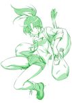  bag bare_legs full_body green kazuma_muramasa midorikawa_nao monochrome ponytail precure shirt shoes short_hair shorts smile smile_precure! solo white_background 