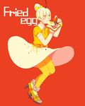  bacon bad_id bad_pixiv_id bangs blonde_hair blouse blush bow bracelet earrings egg egg_earrings english food food_themed_clothes fried_egg frilled_legwear full_body hair_bow hair_bun high_heels highres jewelry nail_polish original pantyhose personification red_background shioka shoes simple_background skirt socks solo toast yellow_eyes yellow_legwear 