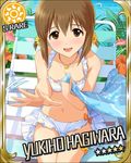  :d bikini blush breasts brown_eyes brown_hair card_(medium) chair character_name cleavage flower hagiwara_yukiho hair_flower hair_ornament hand_on_own_chest hibiscus idolmaster idolmaster_(classic) idolmaster_cinderella_girls jewelry lounge_chair necklace non-web_source official_art open_mouth short_hair short_twintails small_breasts smile solo star sun_(symbol) swimsuit towel twintails water 