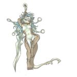  breasts claws collar ear_piercing female fish grin hybrid jumping leg_band lizard marine navel piercing pira plain_background pointy_ears reptile scalie shark solo sword tattoo weapon white_background 