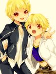  bad_id bad_pixiv_id black_jacket blonde_hair child child_gilgamesh dual_persona fate/hollow_ataraxia fate/stay_night fate_(series) gilgamesh hood hoodie jacket male_focus multiple_boys red_eyes shorts shougo_kota white_background younger 