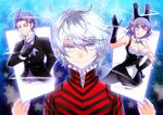  2boys animal_ears bare_shoulders card devil_survivor_2 hasumi_hiko megami_ibunroku_devil_survivor melancholy_man multiple_boys purple_eyes purple_hair tiko tycho white_hair 