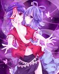  bad_id bad_pixiv_id blue_eyes blue_hair hair_ornament hair_rings hair_stick hat ikeda_hazuki jiangshi kaku_seiga miyako_yoshika multiple_girls navel ofuda outstretched_arms pink_eyes purple_hair short_hair skirt star touhou zombie_pose 