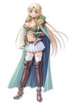  1girl ankle_boots armor bangs belt black_legwear blonde_hair blush boots bow breastplate breasts bridal_gauntlets cape circlet cleavage clenched_hands collar elf elysia_(kyonyuu_fantasy) eshuria fantasy frills frown full_body garter_belt garter_straps gem greaves green_eyes hair_bow hair_tubes half_updo high_heels kyonyuu_fantasy kyonyuu_fantasy_2 large_breasts long_hair long_pointy_ears looking_at_viewer midriff miniskirt multiple_belts navel official_art parted_bangs pauldrons pleated_skirt pointy_ears q-gaku shiny shiny_clothes shiny_hair sidelocks simple_background skirt solo standing stiletto_heels thigh_boots thighhighs vambraces very_long_hair waffle white_background white_legwear zettai_ryouiki 