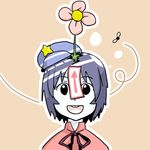 bug directional_arrow ergot expressive_clothes flower flower_on_head fly insect jiangshi lowres miyako_yoshika ofuda simple_background solo touhou 